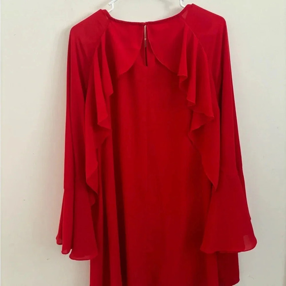 Red Ruffle Flare Sleeve Shift Mini Dress Large Flowy Parisian Holiday Christmas - Picture 2 of 4